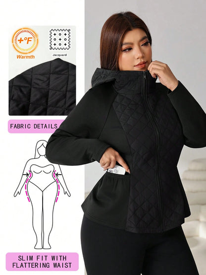 Solflare Plus Size Women's Solid Color Raglan Long Sleeve Hooded Casual Winter Jacket