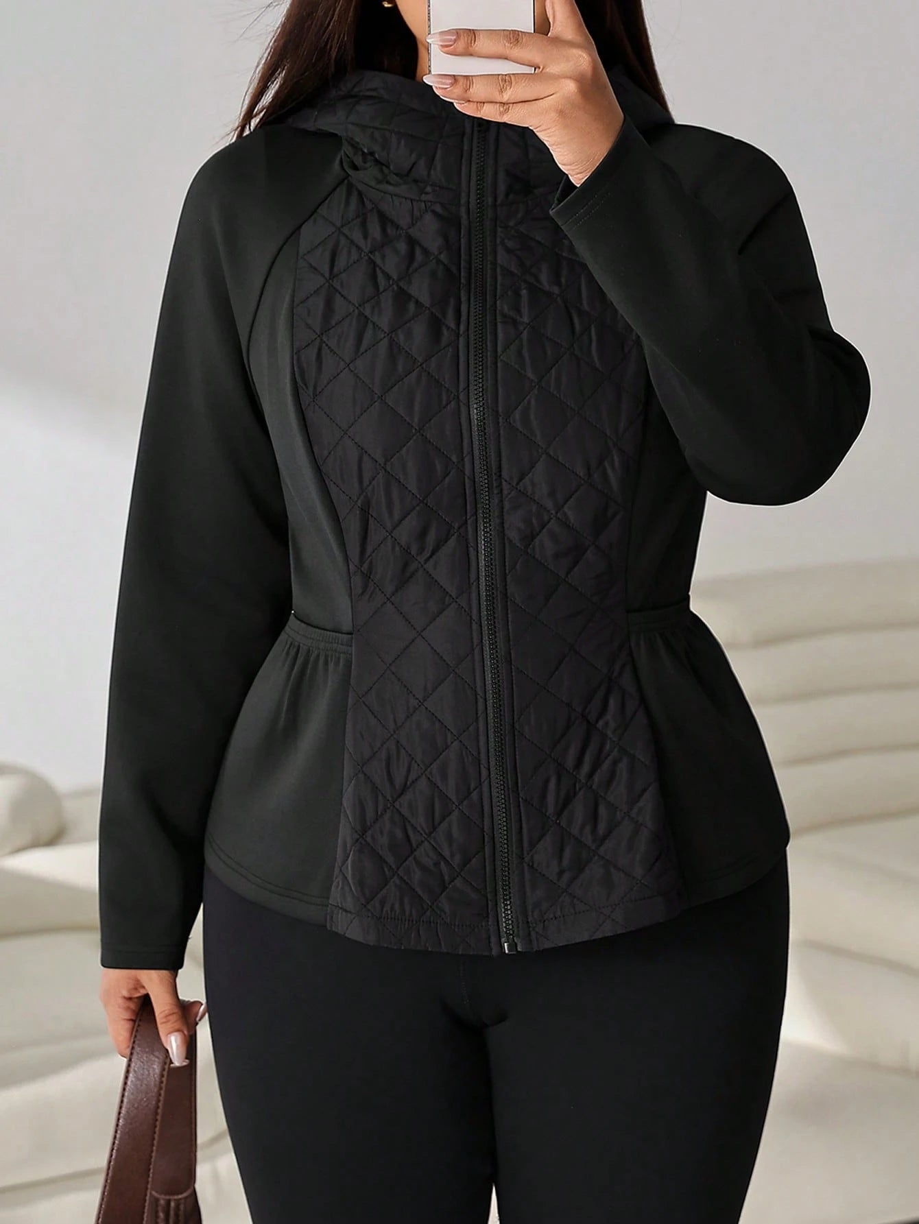 Solflare Plus Size Women's Solid Color Raglan Long Sleeve Hooded Casual Winter Jacket