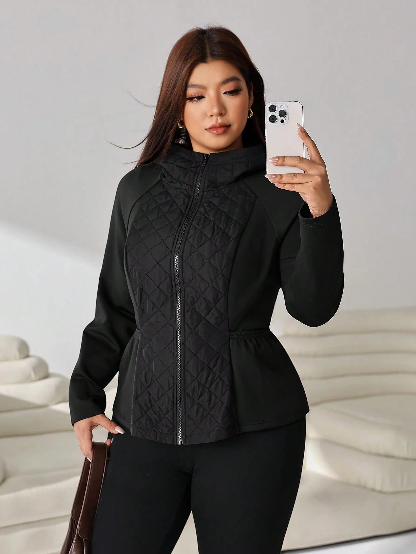 Solflare Plus Size Women's Solid Color Raglan Long Sleeve Hooded Casual Winter Jacket