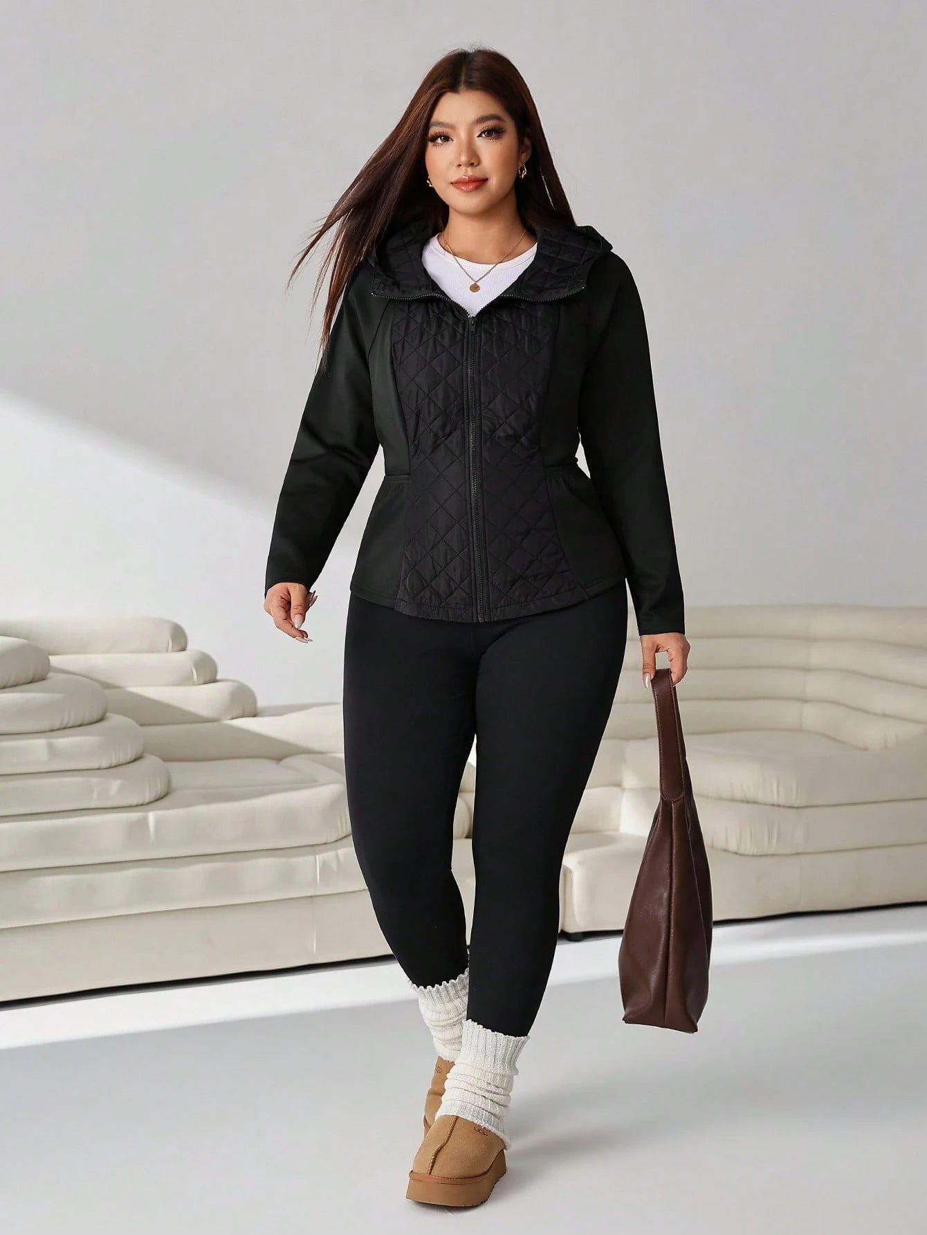 Solflare Plus Size Women's Solid Color Raglan Long Sleeve Hooded Casual Winter Jacket