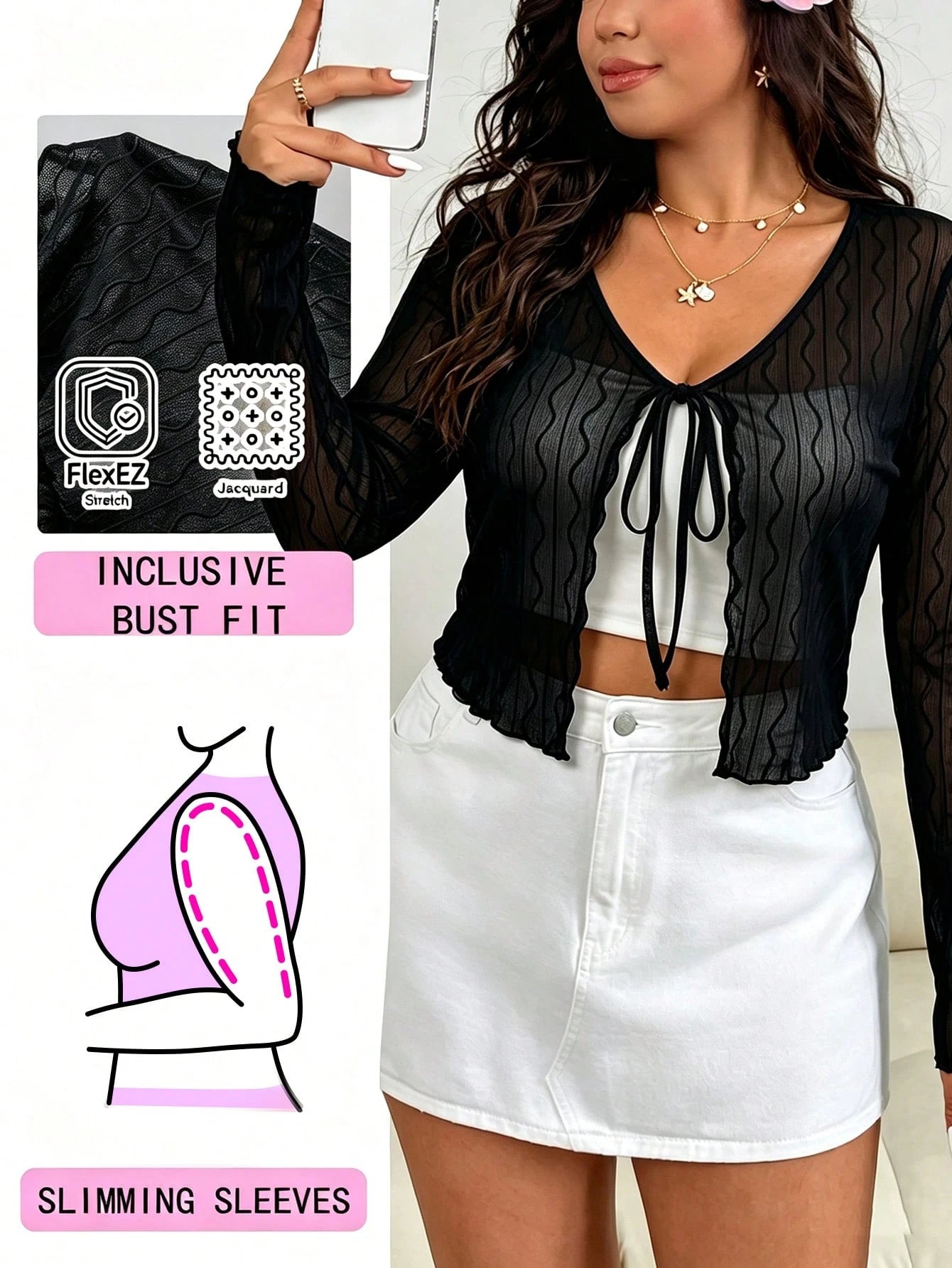 Solflare Plus Size Women's Tie-Front Casual Sexy 70's Elegant Versatile Everyday Top Dinner Black Autumn Date Night Brunch Clubbing Dinner Party Fall