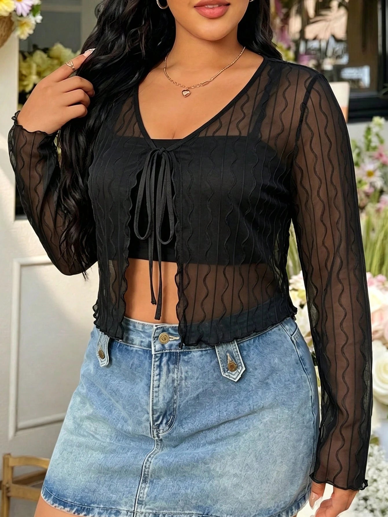 Solflare Plus Size Women's Tie-Front Casual Sexy 70's Elegant Versatile Everyday Top Dinner Black Autumn Date Night Brunch Clubbing Dinner Party Fall