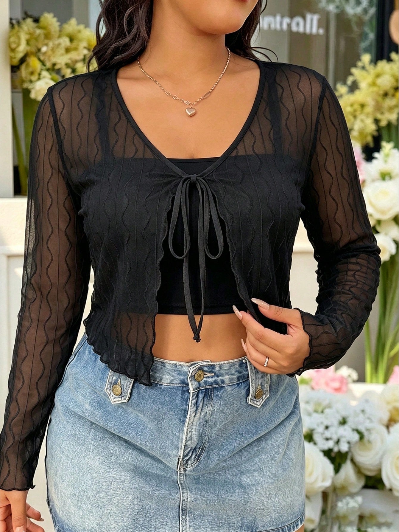 Solflare Plus Size Women's Tie-Front Casual Sexy 70's Elegant Versatile Everyday Top Dinner Black Autumn Date Night Brunch Clubbing Dinner Party Fall
