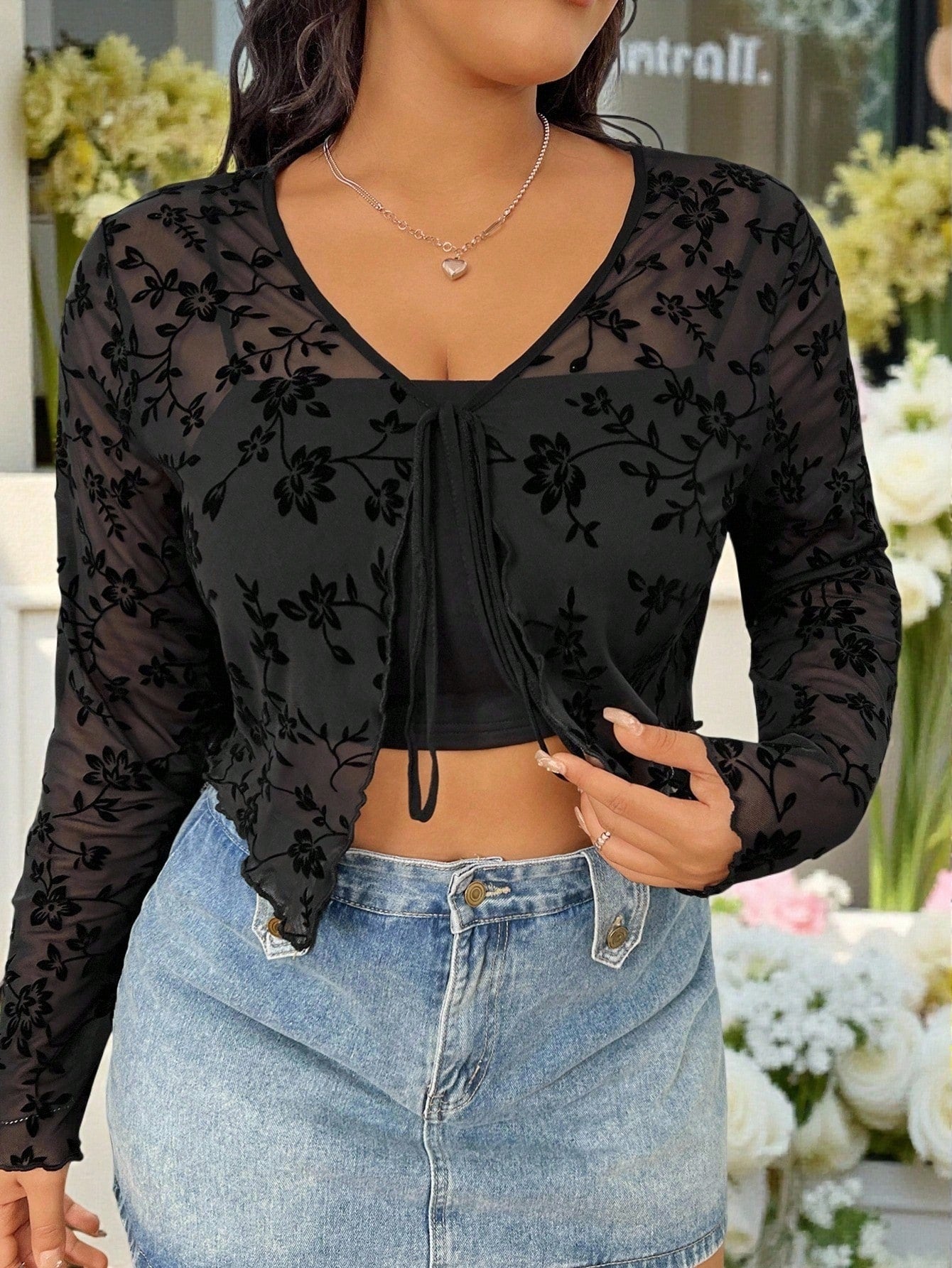 Solflare Plus Size Women's Tie-Front Casual Sexy 70's Elegant Versatile Everyday Top Dinner Black Autumn Date Night Brunch Clubbing Dinner Party Fall