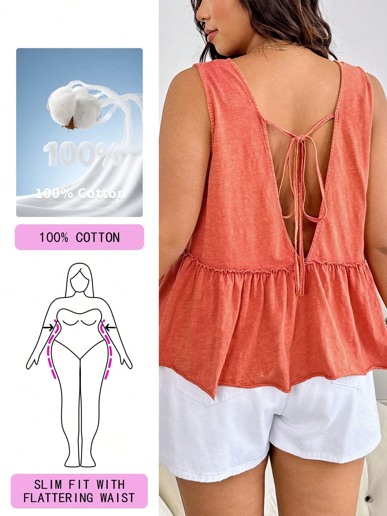Solflare Plus Size Women Summer Solid Color Frill Trim Deep V Neck Camisole Vacation Coral Boho
