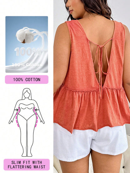 Solflare Plus Size Women Summer Solid Color Frill Trim Deep V Neck Camisole Vacation Coral Boho
