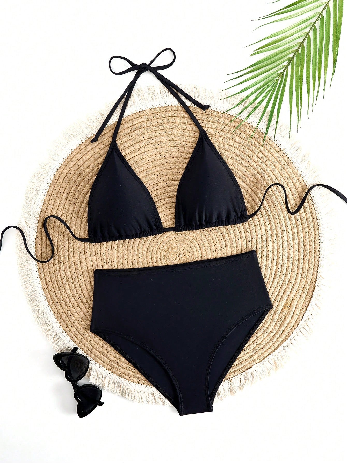 Solid Color Adjustable Strap Triangle Cup Sexy High-Waist Bikini Set, For Summer Beach Vacation Black, For Her