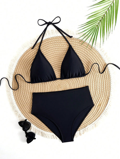 Solid Color Adjustable Strap Triangle Cup Sexy High-Waist Bikini Set, For Summer Beach Vacation Black, For Her
