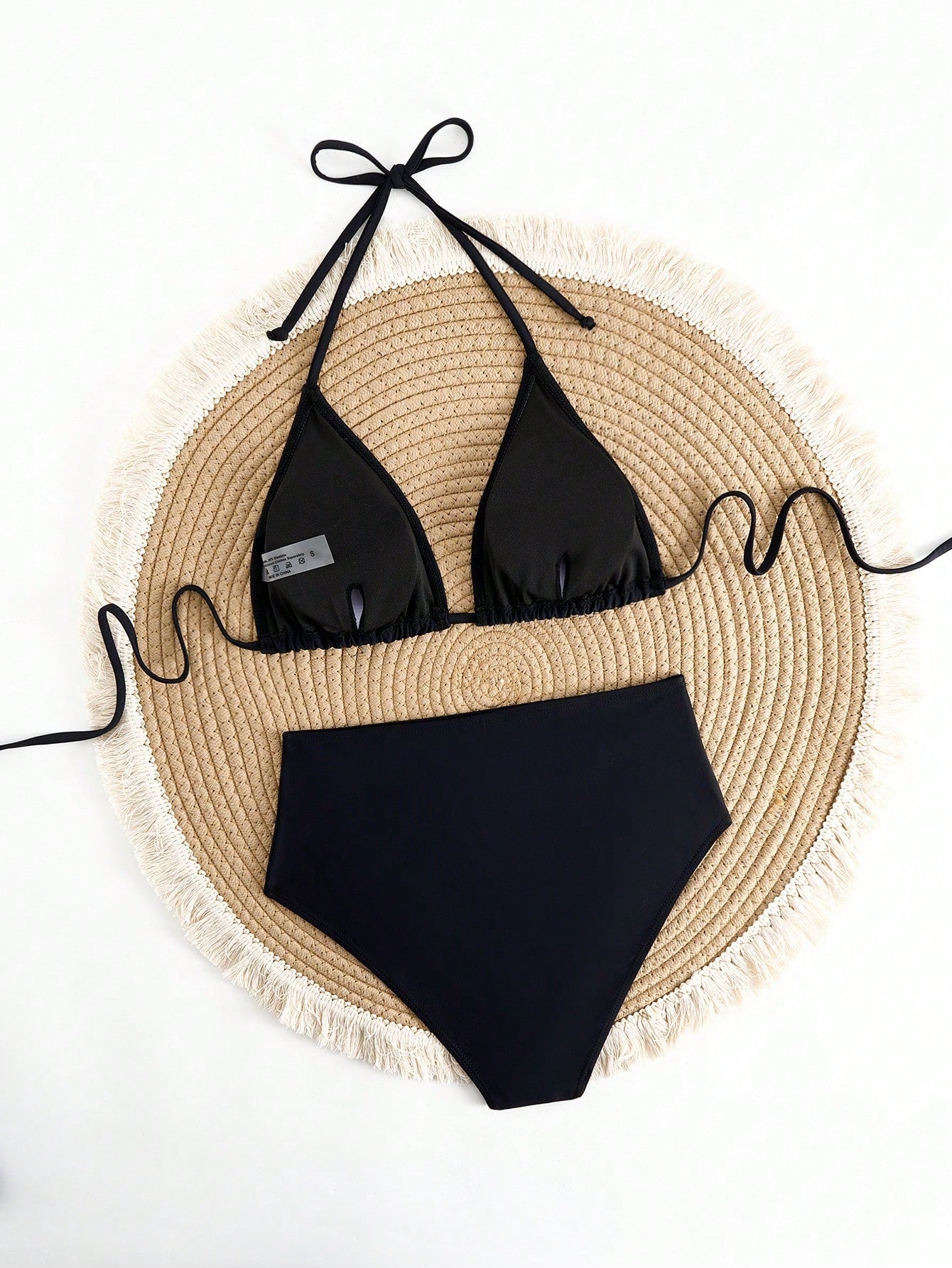 Solid Color Adjustable Strap Triangle Cup Sexy High-Waist Bikini Set, For Summer Beach Vacation Black, For Her