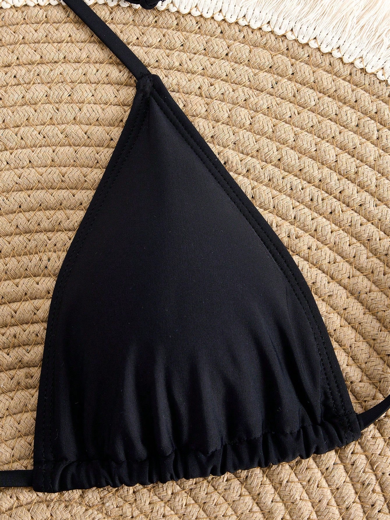 Solid Color Adjustable Strap Triangle Cup Sexy High-Waist Bikini Set, For Summer Beach Vacation Black, For Her