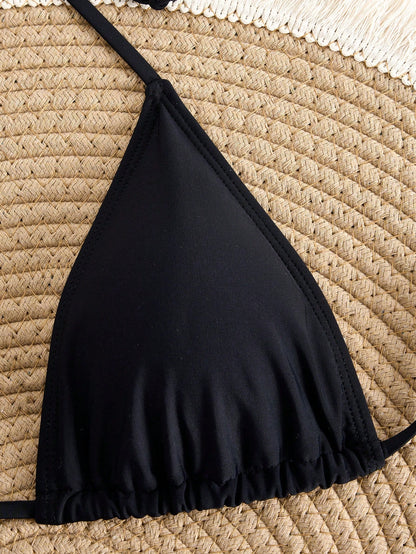 Solid Color Adjustable Strap Triangle Cup Sexy High-Waist Bikini Set, For Summer Beach Vacation Black, For Her