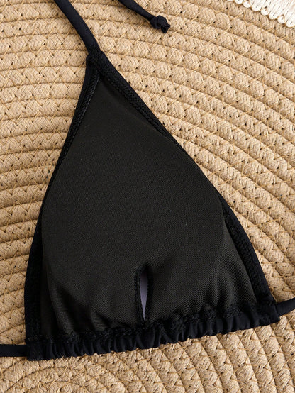 Solid Color Adjustable Strap Triangle Cup Sexy High-Waist Bikini Set, For Summer Beach Vacation Black, For Her