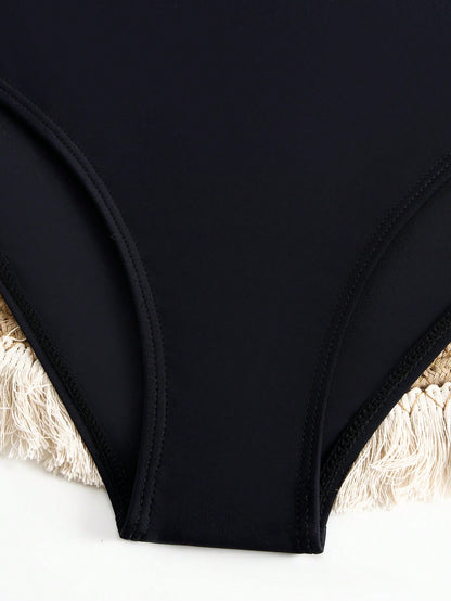 Solid Color Adjustable Strap Triangle Cup Sexy High-Waist Bikini Set, For Summer Beach Vacation Black, For Her