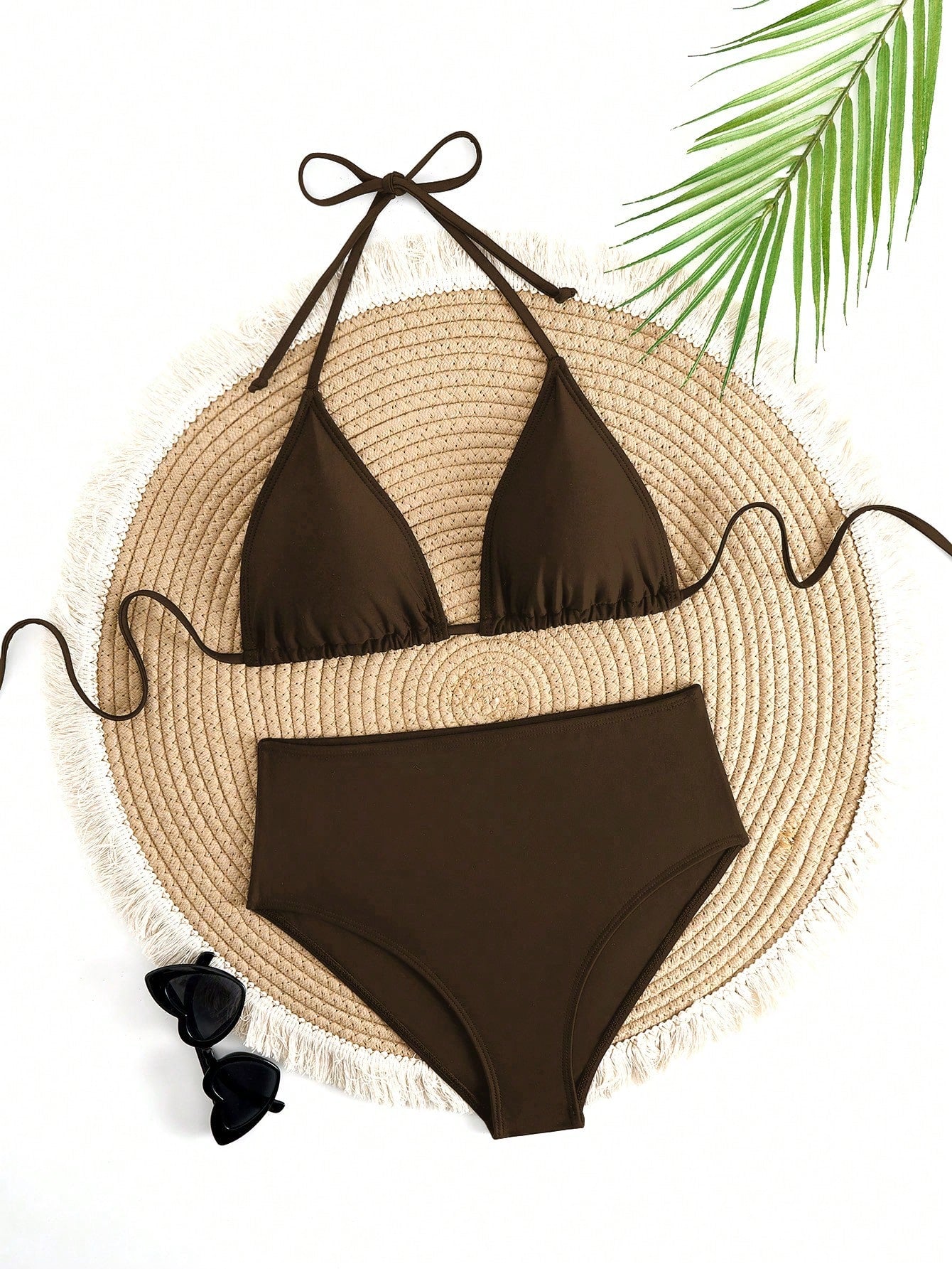 Solid Color Adjustable Strap Triangle Cup Sexy High-Waist Bikini Set, For Summer Beach Vacation Black, For Her