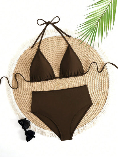 Solid Color Adjustable Strap Triangle Cup Sexy High-Waist Bikini Set, For Summer Beach Vacation Black, For Her
