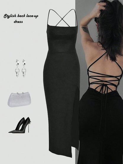 Solid Color Criss-Cross Backless High Slit Dress Black Summer Party Dress