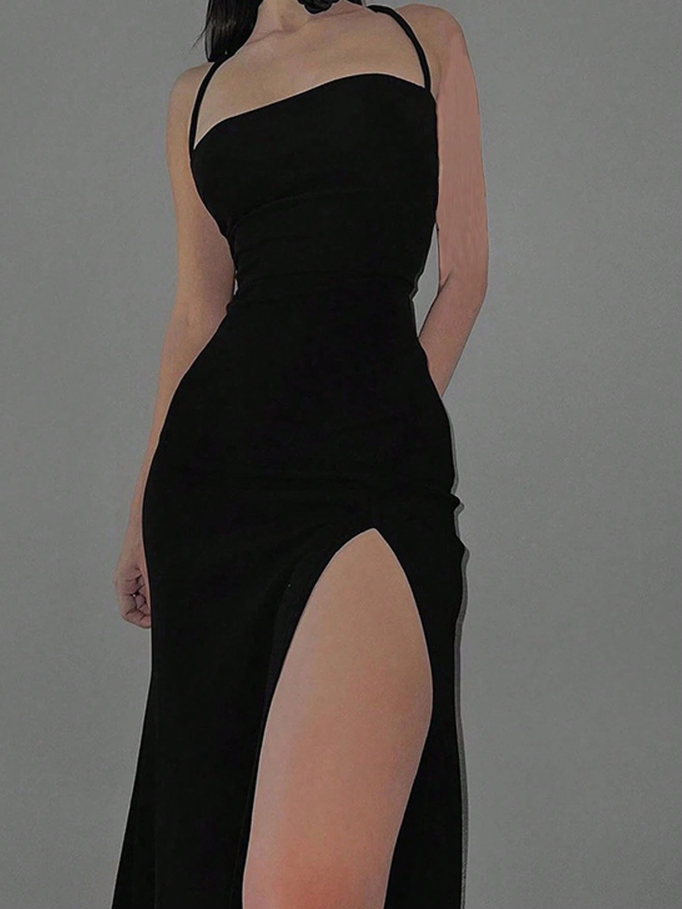 Solid Color Criss-Cross Backless High Slit Dress Black Summer Party Dress