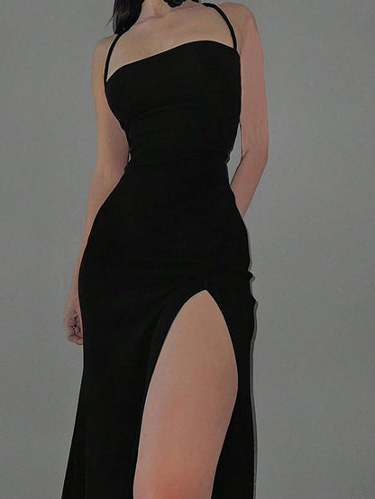 Solid Color Criss-Cross Backless High Slit Dress Black Summer Party Dress