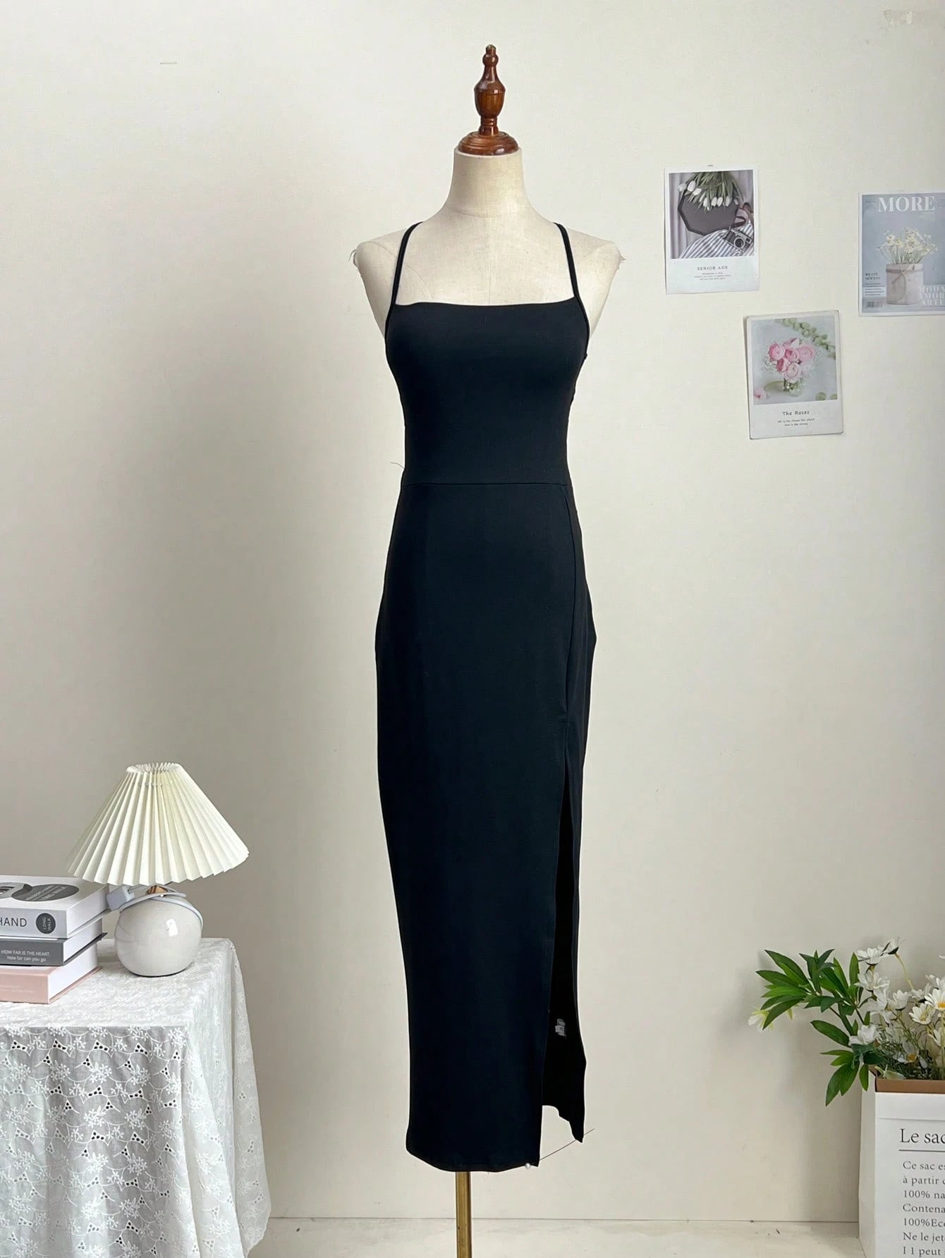 Solid Color Criss-Cross Backless High Slit Dress Black Summer Party Dress