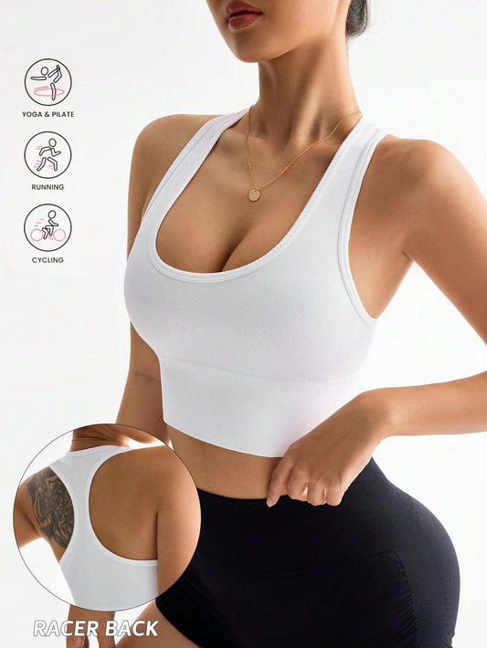 Solid Color Sleeveless Seamless Sports Bra, Simple Wireless Padded Athletic Top, Casual Daily Wear For Yoga Gym Running Travel Street Athleisure Outfi