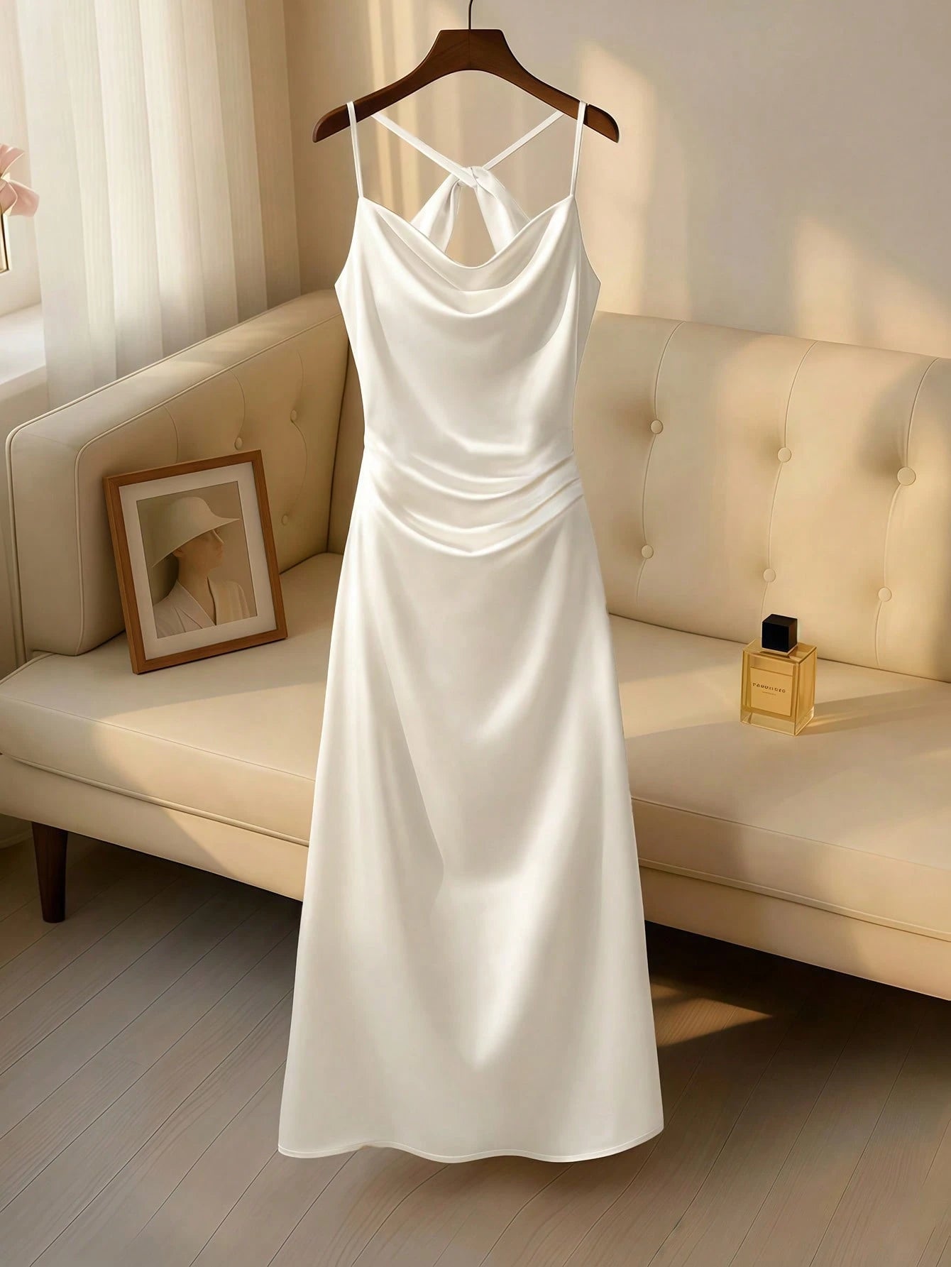 Solid Satin Spaghetti Strap Mermaid Maxi Dress, Elegant Cold Shoulder Draped Neck Evening Gown, Minimalist Romantic Summer Party Dress White