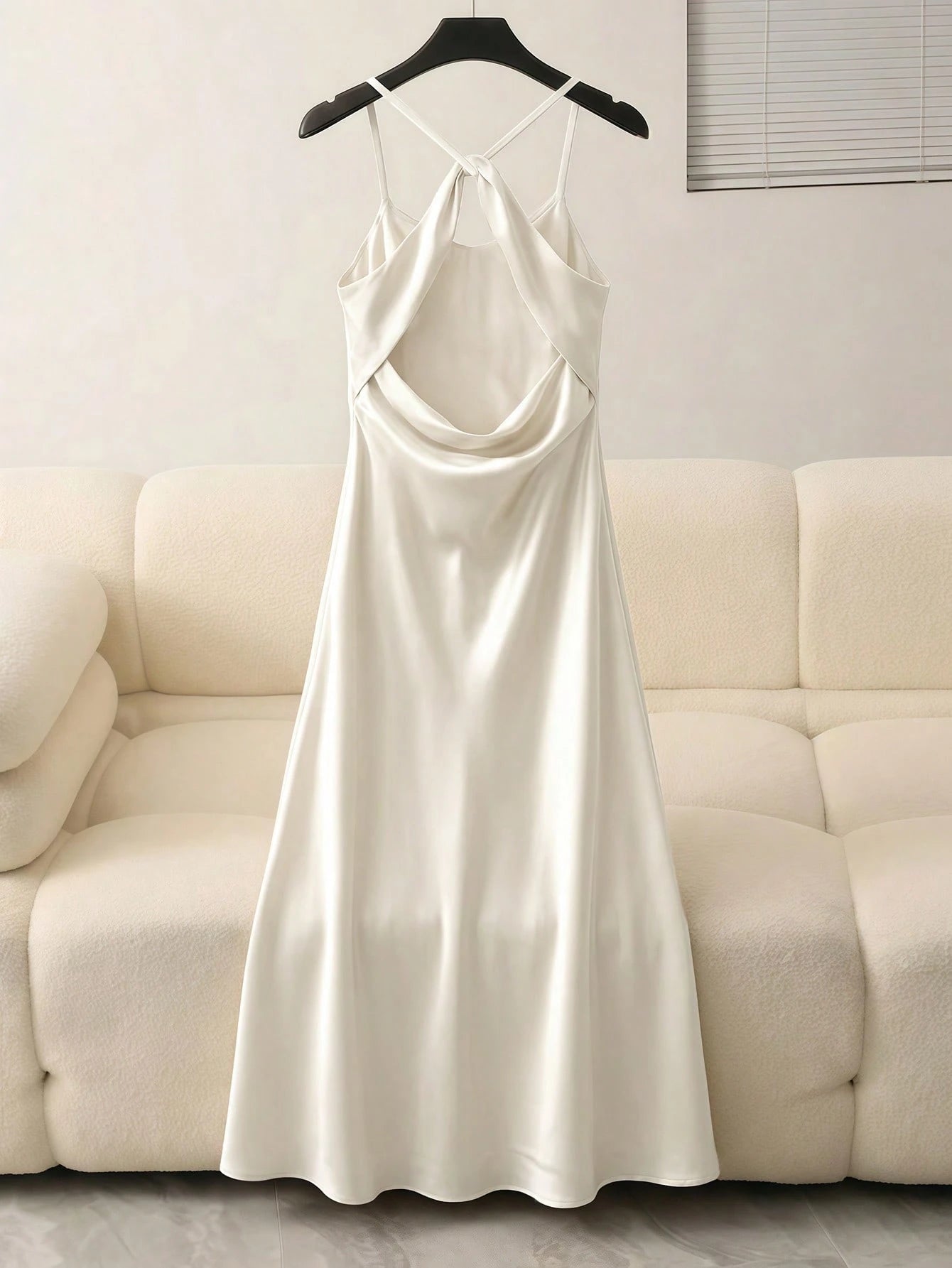 Solid Satin Spaghetti Strap Mermaid Maxi Dress, Elegant Cold Shoulder Draped Neck Evening Gown, Minimalist Romantic Summer Party Dress White