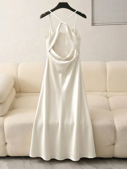 Solid Satin Spaghetti Strap Mermaid Maxi Dress, Elegant Cold Shoulder Draped Neck Evening Gown, Minimalist Romantic Summer Party Dress White