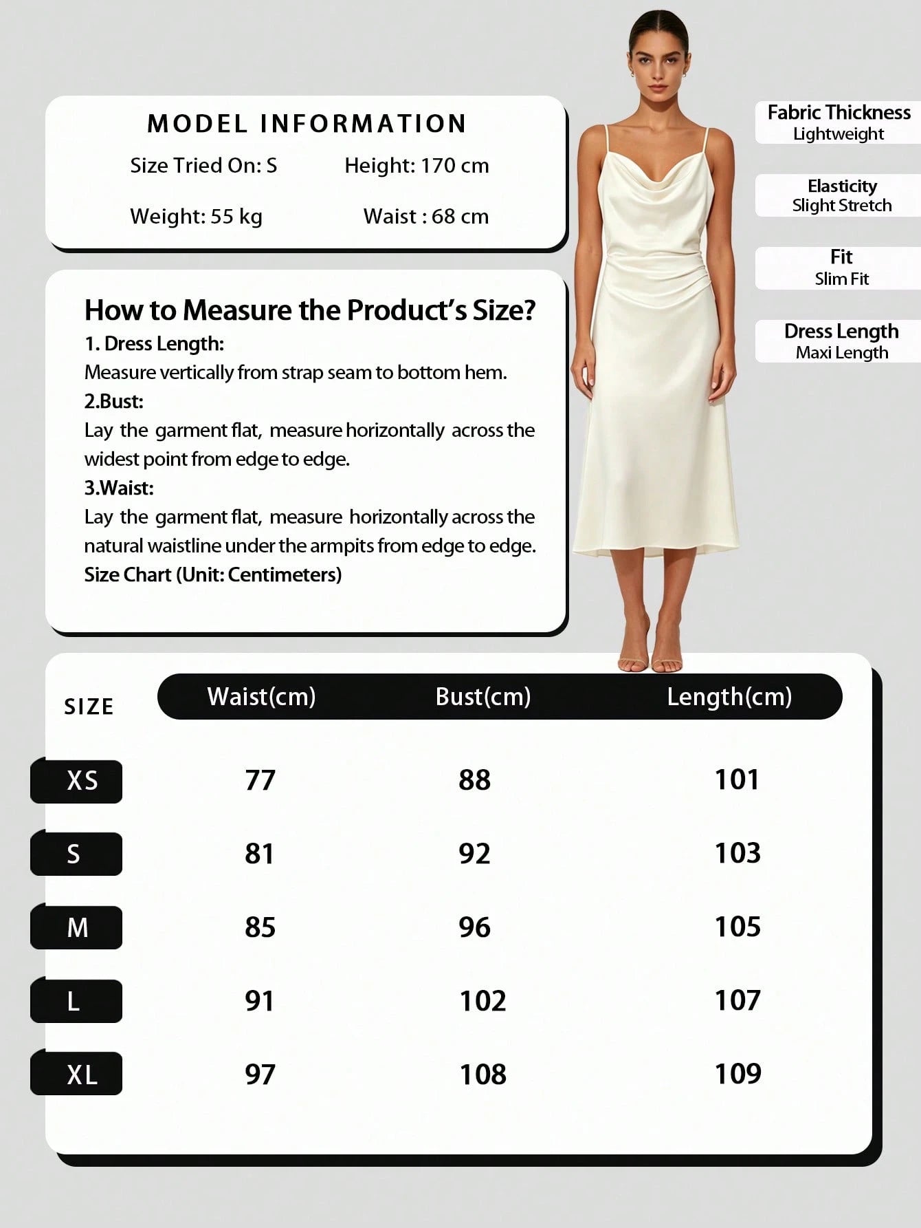 Solid Satin Spaghetti Strap Mermaid Maxi Dress, Elegant Cold Shoulder Draped Neck Evening Gown, Minimalist Romantic Summer Party Dress White