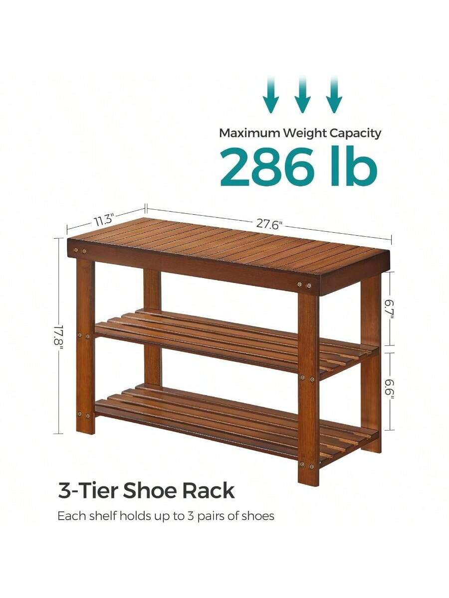 SONGMICS Shoe Rack Bench, 3-Tier Bamboo Shoe Storage Organizer, Entryway Bench, Holds Up To 286 Lb, 11.3 X 27.6 X 17.8 Inches, For Entryway Bathroom Bedroom, Black ULBS04H