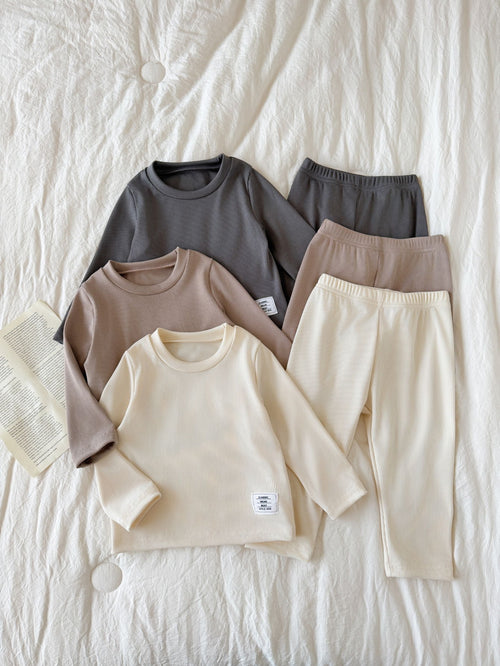 Souflis 2pcs Toddler Boy T-Shirt + Pants Cute Grey Beige White Solid Ribbed Knit Long Sleeve Round Neck Regular Birthday Party Fall Birthday Boy Cozy Jogging