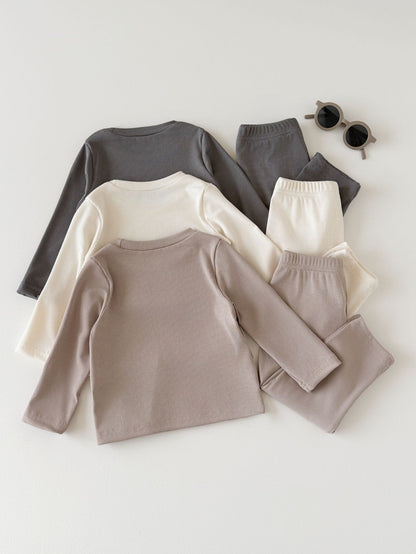 Souflis 2pcs Toddler Boy T-Shirt + Pants Cute Grey Beige White Solid Ribbed Knit Long Sleeve Round Neck Regular Birthday Party Fall Birthday Boy Cozy Jogging