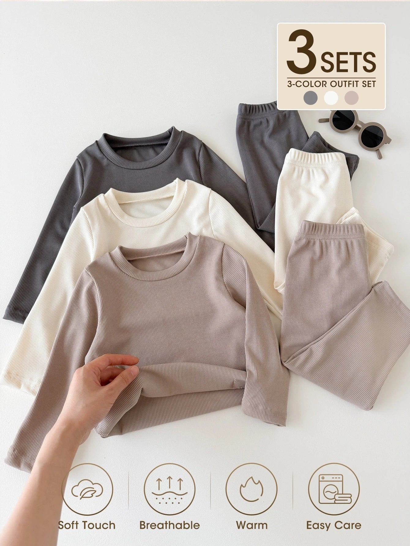 Souflis 2pcs Toddler Boy T-Shirt + Pants Cute Grey Beige White Solid Ribbed Knit Long Sleeve Round Neck Regular Birthday Party Fall Birthday Boy Cozy Jogging