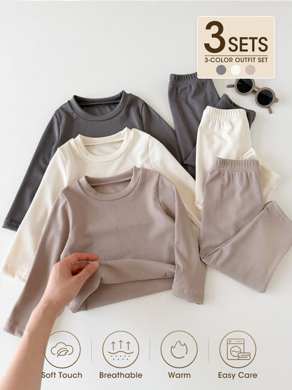Souflis 2pcs Toddler Boy T-Shirt + Pants Cute Grey Beige White Solid Ribbed Knit Long Sleeve Round Neck Regular Birthday Party Fall Birthday Boy Cozy Jogging