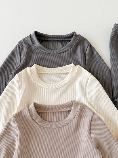 Souflis 2pcs Toddler Boy T-Shirt + Pants Cute Grey Beige White Solid Ribbed Knit Long Sleeve Round Neck Regular Birthday Party Fall Birthday Boy Cozy Jogging
