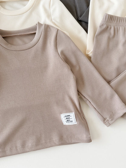 Souflis 2pcs Toddler Boy T-Shirt + Pants Cute Grey Beige White Solid Ribbed Knit Long Sleeve Round Neck Regular Birthday Party Fall Birthday Boy Cozy Jogging