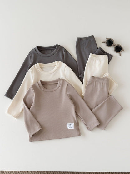 Souflis 2pcs Toddler Boy T-Shirt + Pants Cute Grey Beige White Solid Ribbed Knit Long Sleeve Round Neck Regular Birthday Party Fall Birthday Boy Cozy Jogging