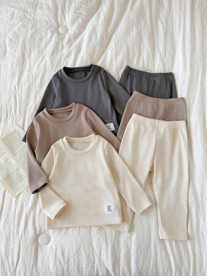Souflis 2pcs Toddler Boy T-Shirt + Pants Cute Grey Beige White Solid Ribbed Knit Long Sleeve Round Neck Regular Birthday Party Fall Birthday Boy Cozy Jogging
