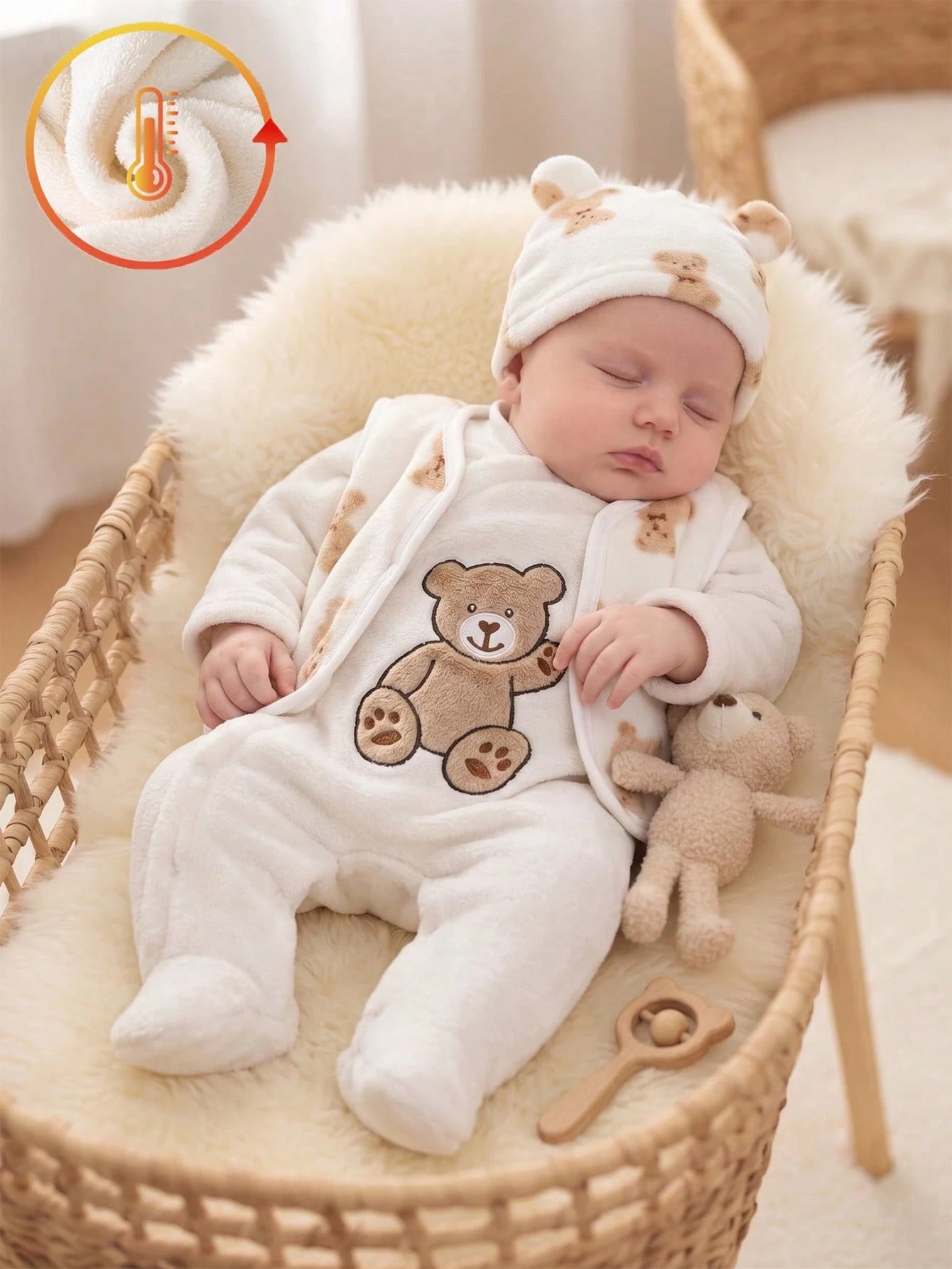 Souflis 3 Pieces Baby Boy Long Sleeve Footed Romper, Hat And Vest Set, Cute Style Fleece Fabric With Bear Embroidery, Best Gift For Newborn, Home Wear, Versatile And Fashionable, Best Choice