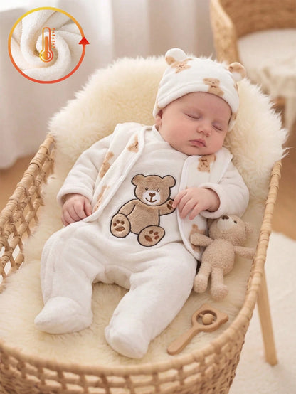 Souflis 3 Pieces Baby Boy Long Sleeve Footed Romper, Hat And Vest Set, Cute Style Fleece Fabric With Bear Embroidery, Best Gift For Newborn, Home Wear, Versatile And Fashionable, Best Choice