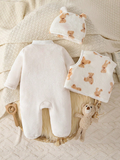 Souflis 3 Pieces Baby Boy Long Sleeve Footed Romper, Hat And Vest Set, Cute Style Fleece Fabric With Bear Embroidery, Best Gift For Newborn, Home Wear, Versatile And Fashionable, Best Choice