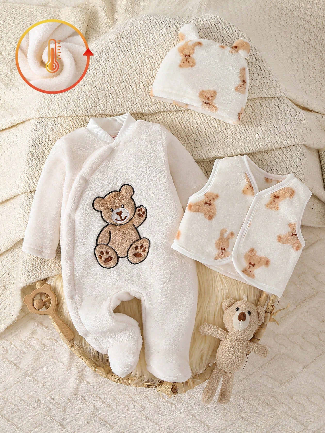 Souflis 3 Pieces Baby Boy Long Sleeve Footed Romper, Hat And Vest Set, Cute Style Fleece Fabric With Bear Embroidery, Best Gift For Newborn, Home Wear, Versatile And Fashionable, Best Choice
