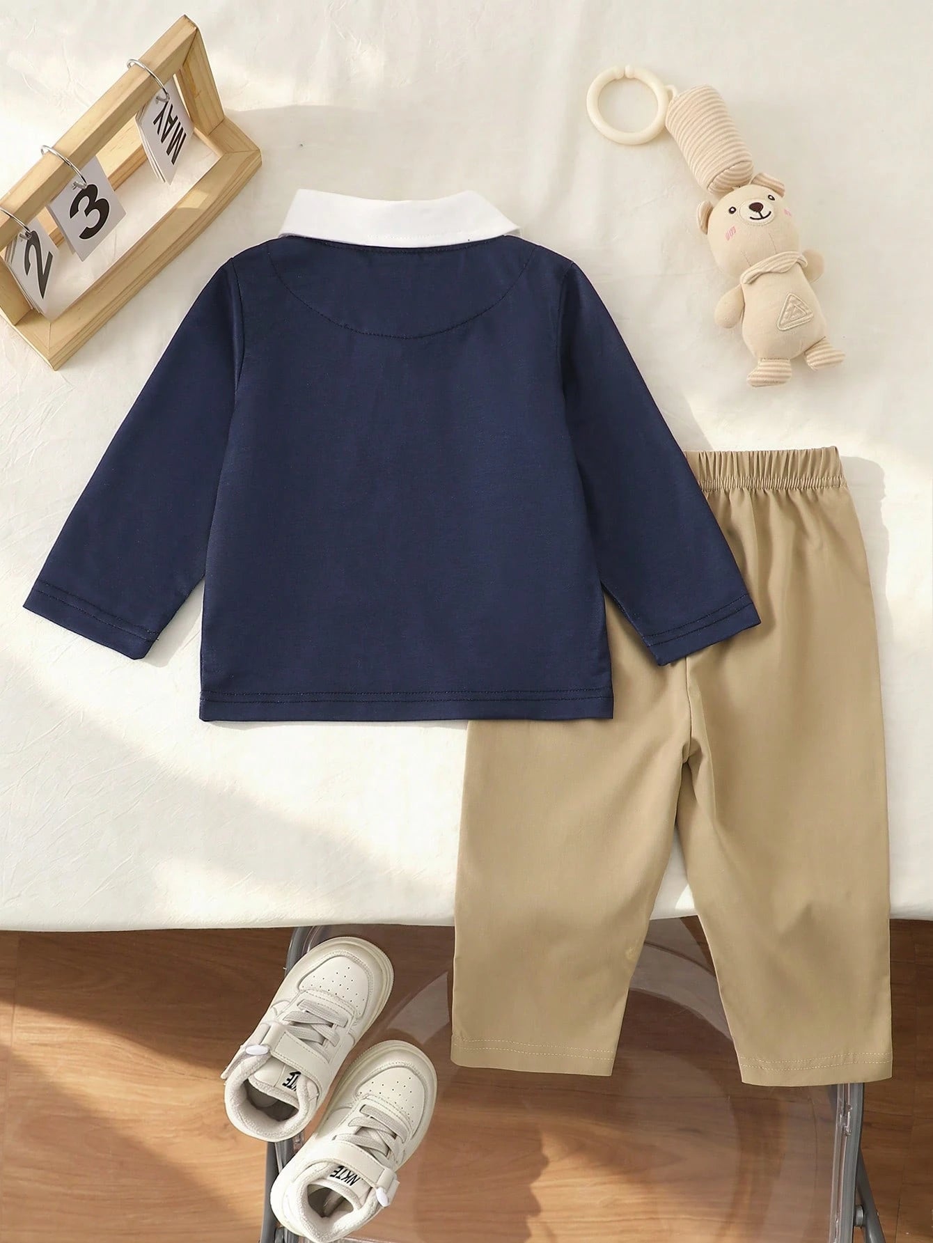 Souflis Boy's Autumn Baby Blue Long-Sleeve Polo Collar Khaki Pants Set Cute Bear Print Daily Outings 2026 Fashion Clothing