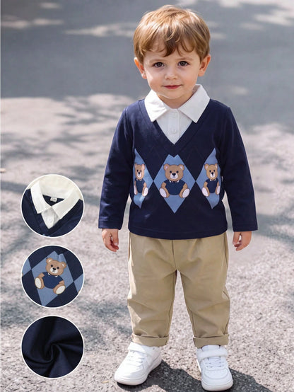 Souflis Boy's Autumn Baby Blue Long-Sleeve Polo Collar Khaki Pants Set Cute Bear Print Daily Outings 2026 Fashion Clothing