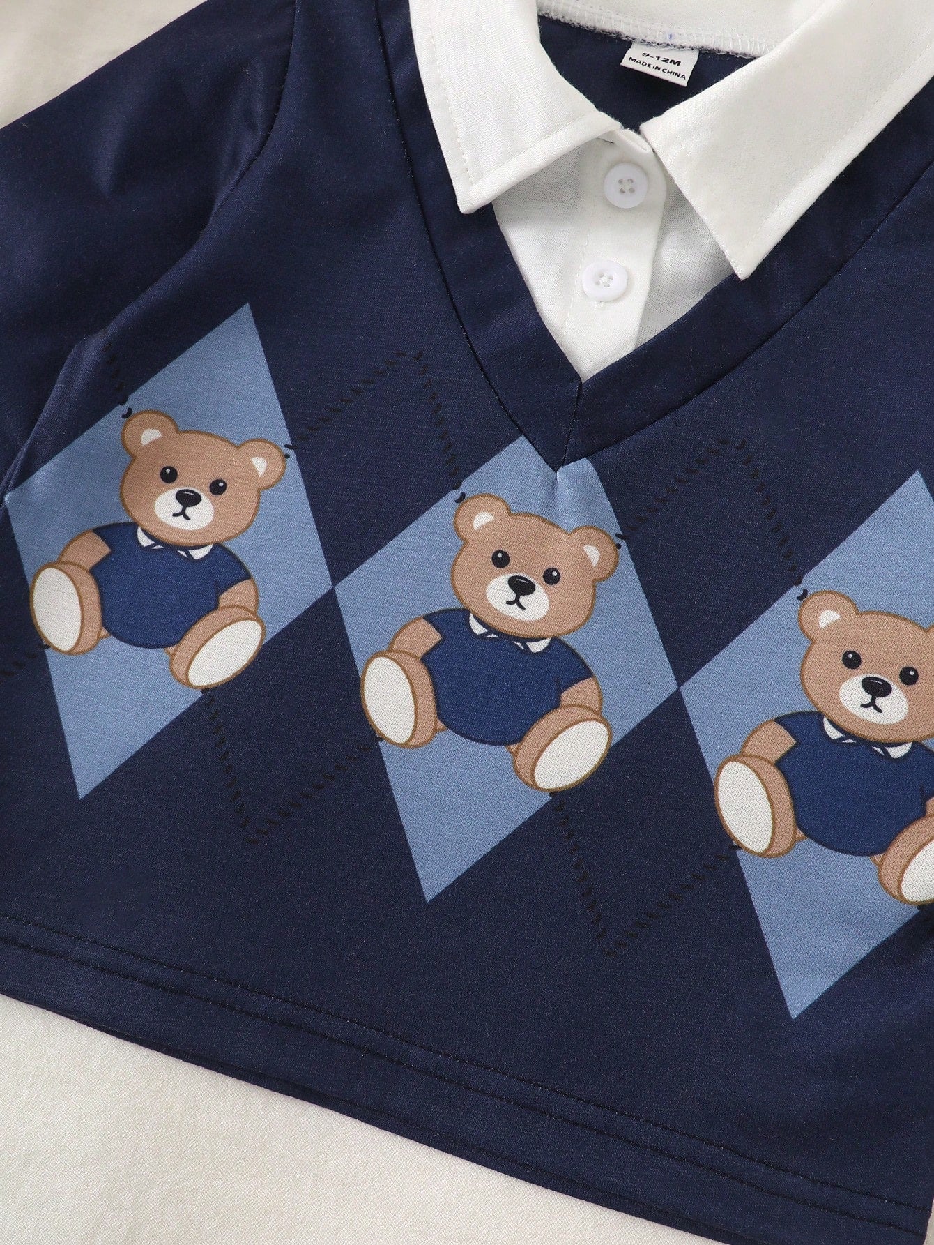 Souflis Boy's Autumn Baby Blue Long-Sleeve Polo Collar Khaki Pants Set Cute Bear Print Daily Outings 2026 Fashion Clothing
