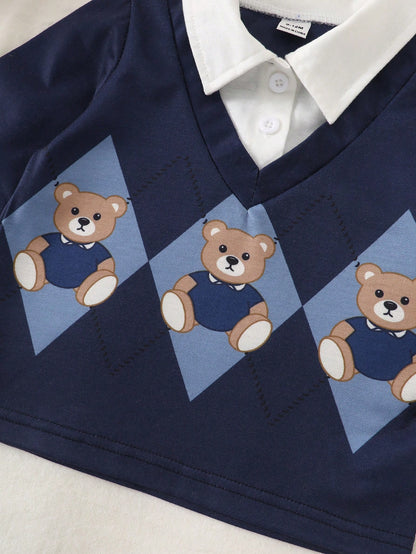 Souflis Boy's Autumn Baby Blue Long-Sleeve Polo Collar Khaki Pants Set Cute Bear Print Daily Outings 2026 Fashion Clothing