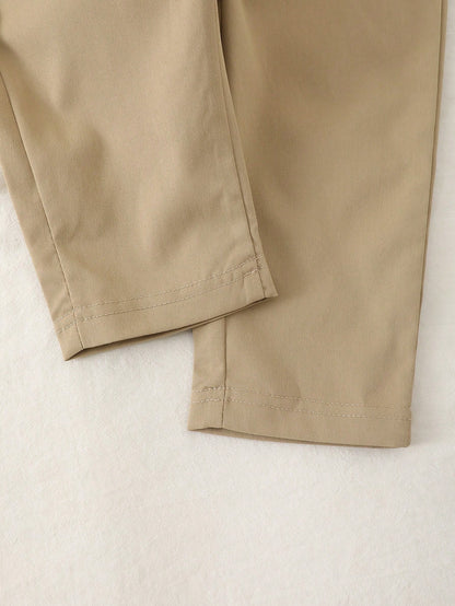Souflis Boy's Autumn Baby Blue Long-Sleeve Polo Collar Khaki Pants Set Cute Bear Print Daily Outings 2026 Fashion Clothing