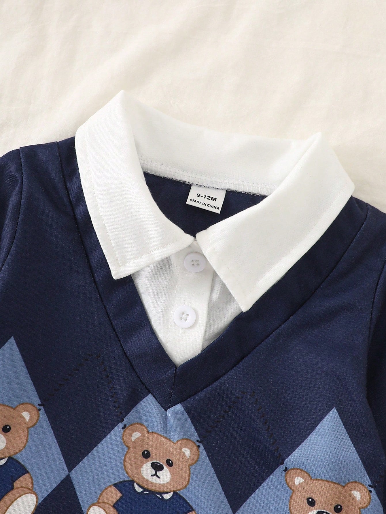 Souflis Boy's Autumn Baby Blue Long-Sleeve Polo Collar Khaki Pants Set Cute Bear Print Daily Outings 2026 Fashion Clothing
