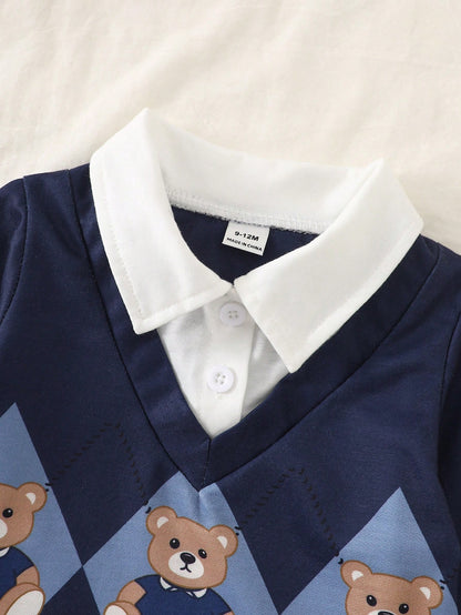 Souflis Boy's Autumn Baby Blue Long-Sleeve Polo Collar Khaki Pants Set Cute Bear Print Daily Outings 2026 Fashion Clothing