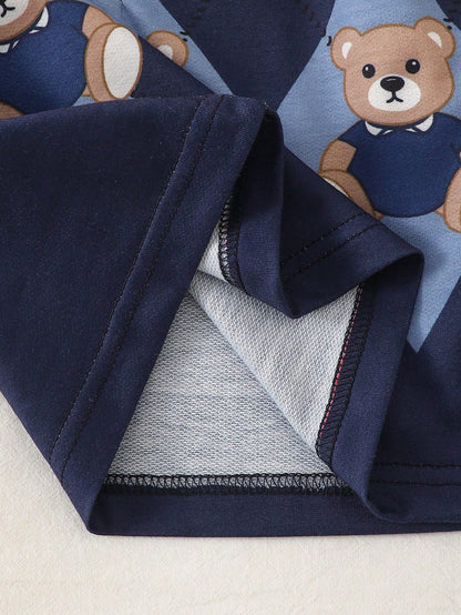 Souflis Boy's Autumn Baby Blue Long-Sleeve Polo Collar Khaki Pants Set Cute Bear Print Daily Outings 2026 Fashion Clothing