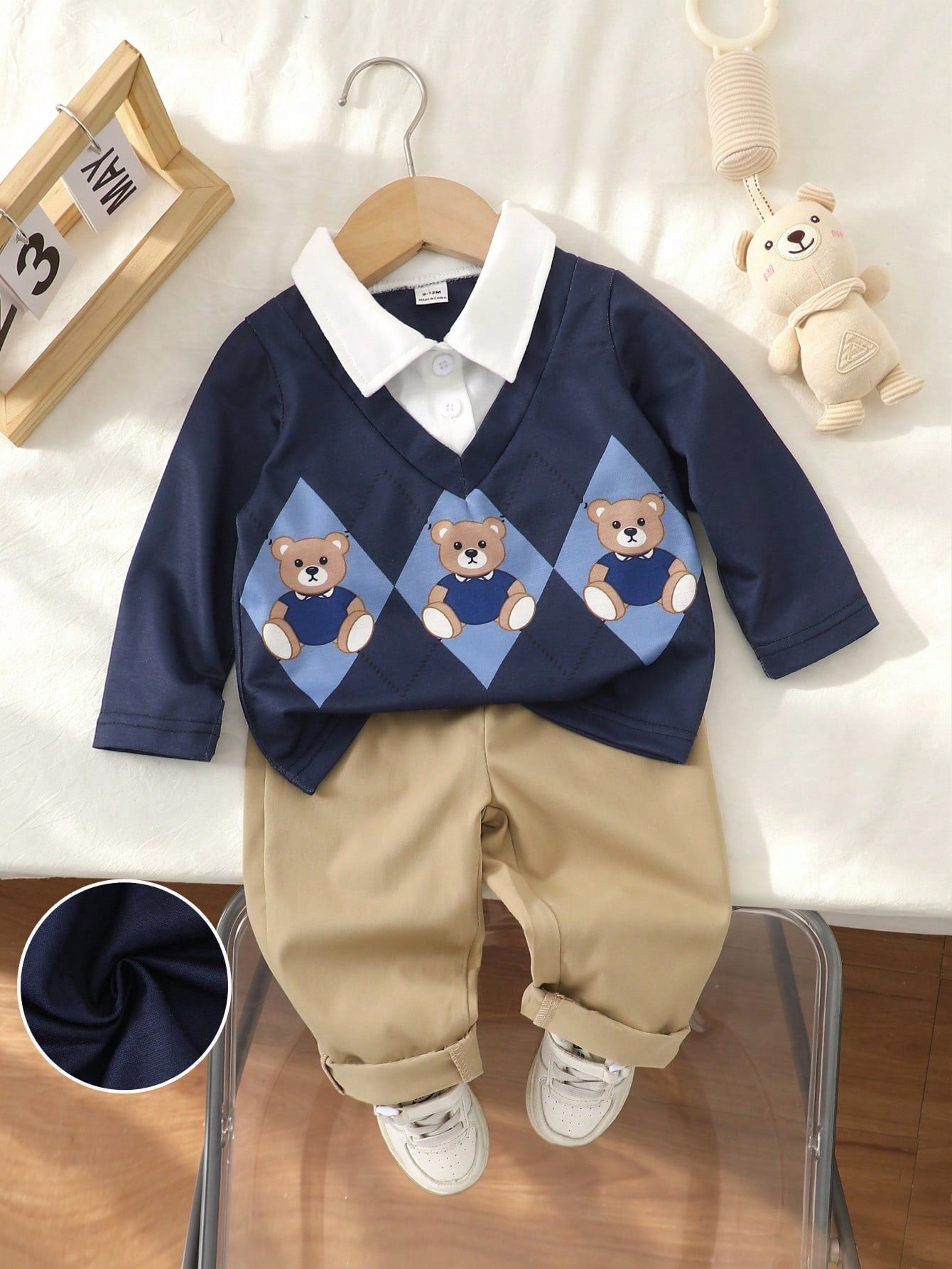 Souflis Boy's Autumn Baby Blue Long-Sleeve Polo Collar Khaki Pants Set Cute Bear Print Daily Outings 2026 Fashion Clothing